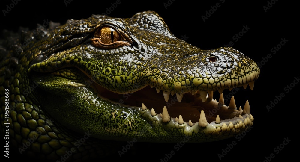 Obraz premium fierce green alligator head close up revealing sharp teeth and glowing yellow eyes
