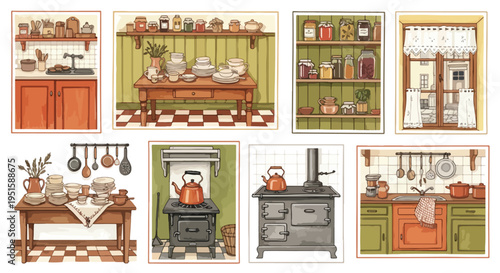 Collage of eight kitchen scenes with various appliances and decor on a white background with a colorful and playful mood.