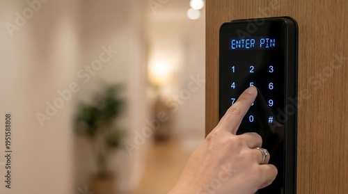 Female hand pressing numbers on a smart digital electronic door lock keypad to enter the security PIN code for access to a modern apartment room