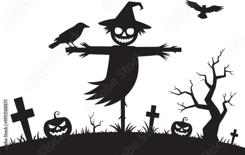Black silhouette scarecrow with bird on arm in graveyard