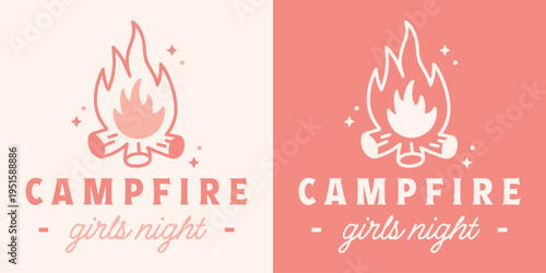 Campfire girls night camping party summer camp bonfire pastel pink logo for friends besties trip shirt design. Enchanted mountain forest whimsy girly whimsical aesthetic fire illustration card print.