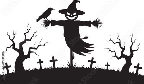 Black silhouette scarecrow with crow on arm in graveyard