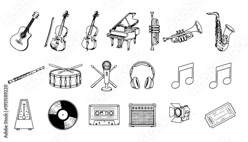 Music instrument icon set and audio objects vector engraving style on white isolated background for concert poster design