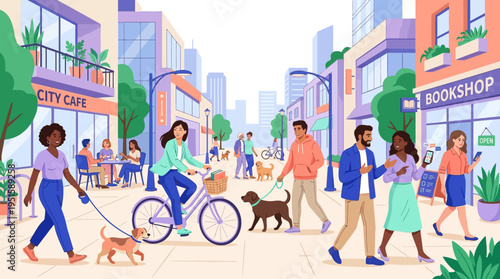 People walking on city street sidewalk.