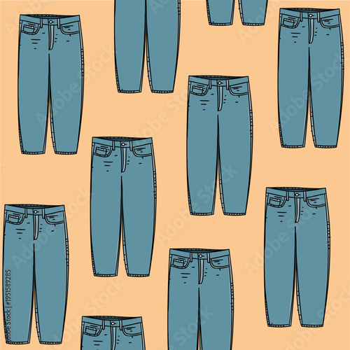 Pattern of blue jeans long pants on yellow background. Fashion pattern