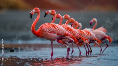 A group of flamingos are walking in a body of water. The flamingos are pink and are walking in a line