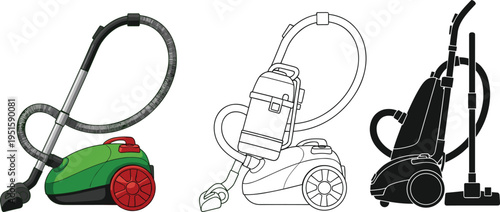 Set of vacuum cleaner vector illustrations featuring a colored canister model plus black and white line art and silhouette icons