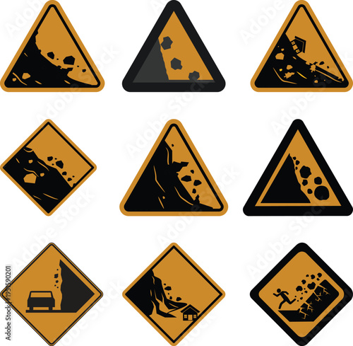 Falling rocks warning sign icon set collection group, landslide danger symbols, road hazard caution signs, rockfall alert vector icons for traffic safety and construction design.