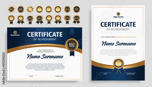 Quadro em tela Formal Award Certificate Design with Gold Seal and Dark Blue Accents, Recognizin