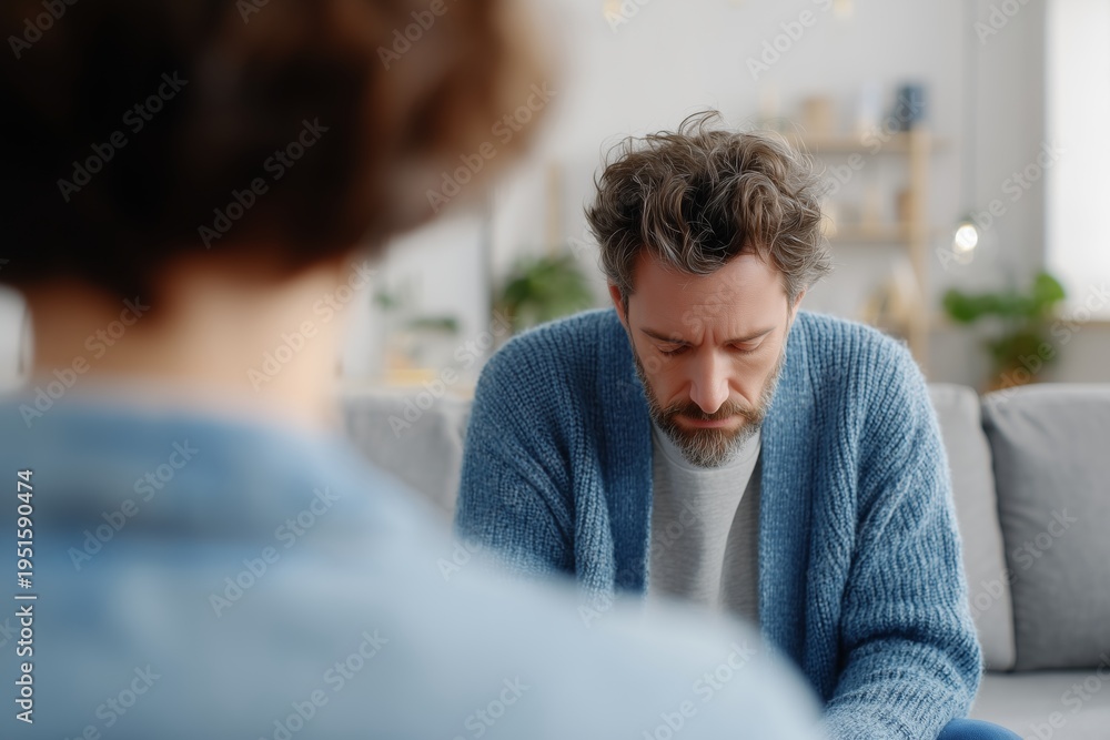 Naklejka premium Divorce emotional stress. Man stressed during relationship conflict. Emotional tension and separation. Couple problems and communication issues. Relationship therapy concept.