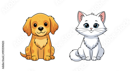A cute cartoon dog and cat sitting side by side on transparent background