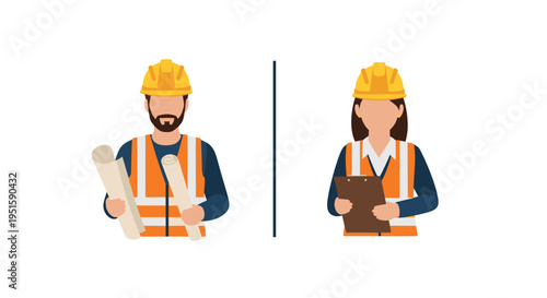 A vector graphic illustration of a man and woman in construction hats and vests on transparent background