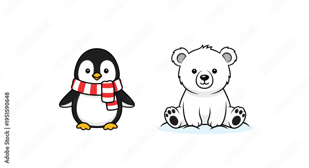Fototapeta premium A cute cartoon penguin and polar bear sitting together on transparent background