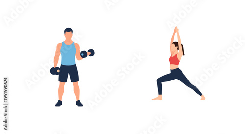 A vector graphic illustration of a man and woman exercising in a fitness setting on transparent background