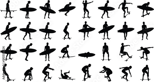 Skateboarder silhouettes collection, skater tricks and poses set, urban street sport vector illustration, black athlete shapes isolated design