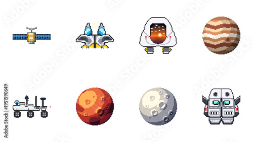 Outer space icon collection with 8 detailed pixel art vectors: FlyingSaucer, Helmet, Jupiter, LunarRover, Mars, Moon, RobotHead, and Saturn for astronomical designs.