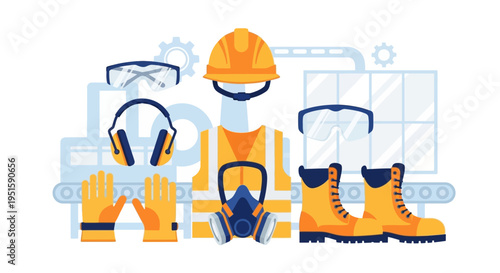 Workplace Safety PPE Gear Set: Hard Hat, Vest, Goggles, Ear Protection, Respirator, Gloves, Boots - Industrial Health & Safety Vector Illustration