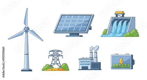 Energy Sources Icons Set: Renewable (Wind, Solar, Hydro), Fossil Fuel Power Plant, Transmission Tower, and Battery Storage.