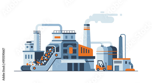 Modern Industrial Factory Illustration with Conveyor Belt, Production Line, and Forklift. Flat Vector Design for Manufacturing & Logistics.