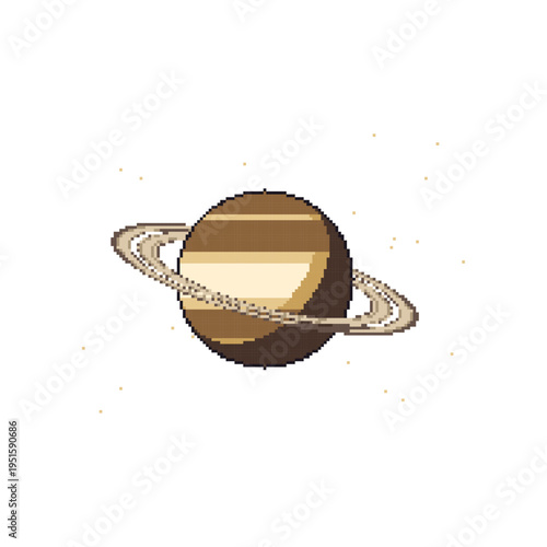 Majestic planet Saturn with beautiful glowing rings in a highly detailed pixel art vector, professional astronomical planet for solar system sets and galaxy exploration themes.