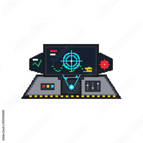 Inside of a spaceship cockpit control panel dashboard with buttons and screens in pixel art style, detailed interface vector for space flight simulations and galaxy travel games.