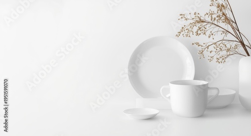 Minimalist white background with empty dishware and storage container