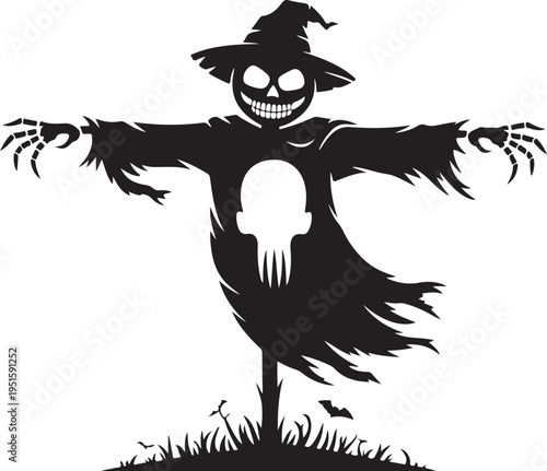 Black silhouette scarecrow with skull face and hat on grass