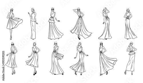 Elegant Fashion Girls Sketch Stylish Model Illustration Vector Collection