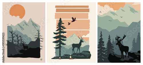 Minimalist flat vector of a stag silhouette on a mountain rock, forest background, and a big red sun, stylized nature poster