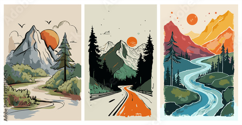 Minimalist flat vector of a road and river winding through mountains, a forest, under a large sun, adventure travel poster style