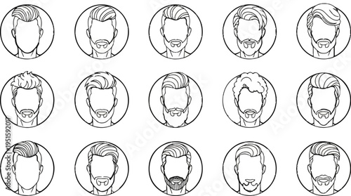 Collection of line art icons depicting diverse male hairstyles and beards