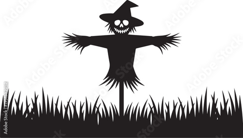 Black silhouette scarecrow with skull face and straw hat in grass
