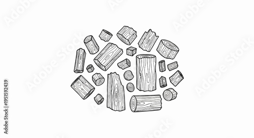 Collection of hand-drawn wood pieces and logs scattered