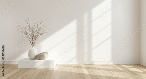 Minimalist interior with bright natural light casting shadows on white walls and wood floor featuring modern decorative vase and stone on display