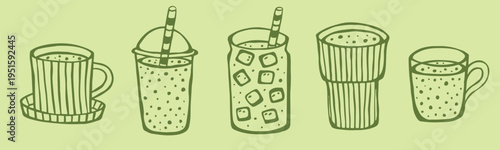 A vector illustration showcasing a collection of cups and mugs filled with matcha tea against a vibrant green background.
