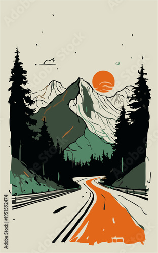 Minimalist flat vector of a winding road toward mountains and pine forest under a sunset, retro adventure travel poster style