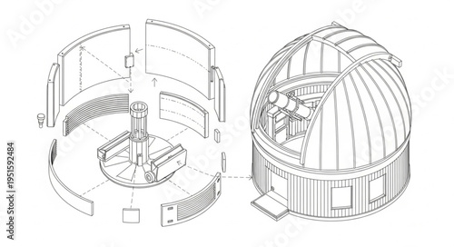 Detailed architectural illustration of an observatory with dome and structure.