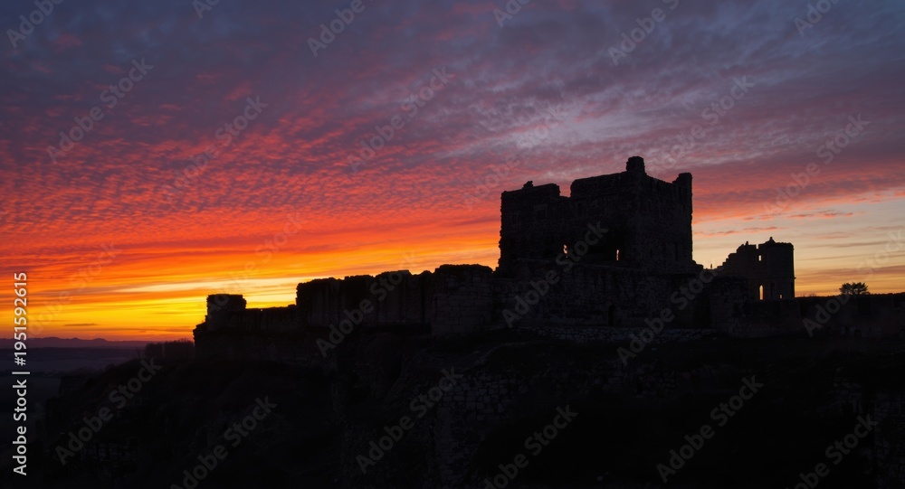 Obraz premium Ancient castle ruins silhouetted against a vibrant sunset emphasizing historical depth and structural beauty