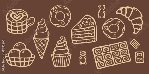 Vector doodle set of coffee and dessert elements on a rich chocolate background.