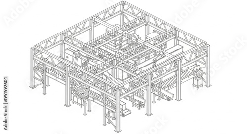 Detailed architectural blueprint of a complex industrial structure with intricate framework.