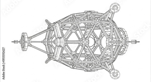 Detailed engineering blueprint of a complex mechanical structure with intricate components and design.
