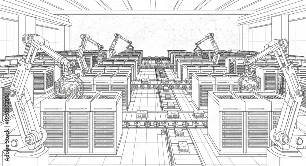 Fototapeta premium Robotic arms working in a modern industrial manufacturing facility, assembly line.