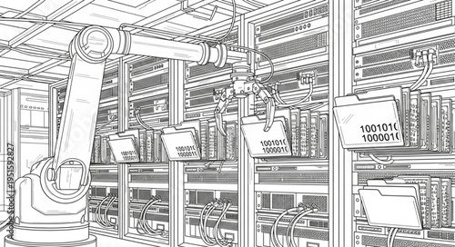 Robotic arm in a data center, focused on automation and technology.