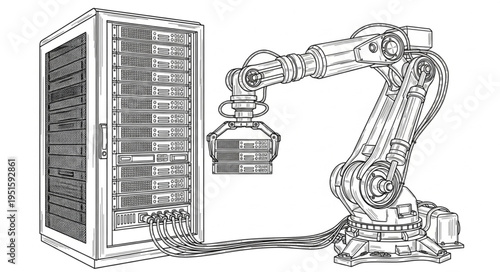 Robotic arm interacting with a server rack, showcasing automation and technology.