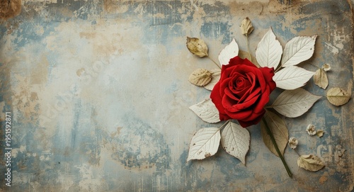 Faded vintage backdrop featuring a single red rose and elegant white leaves showcasing natural floral beauty