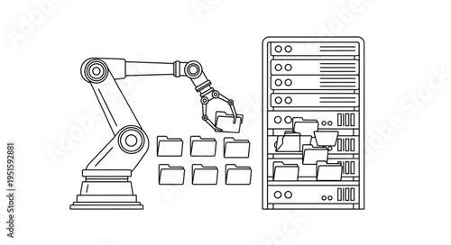 Robotic arm sorting data files into a server rack for data processing.