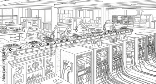 Detailed illustration of a data center with servers and network infrastructure.