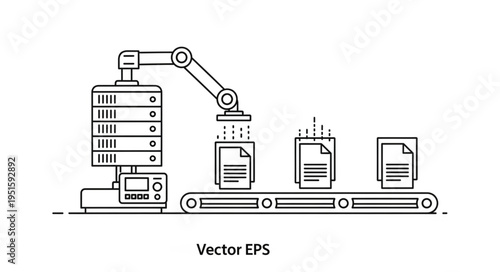 Automated document processing system with robotic arm and conveyor belt.