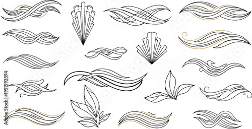 Collection of flowing, abstract, art deco, decorative line art elements