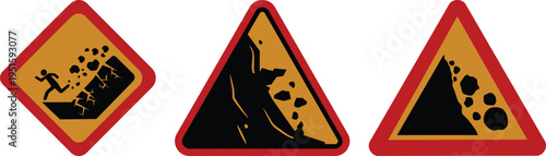 Falling rocks warning sign icon set collection group, landslide danger symbols, road hazard caution signs, rockfall alert vector icons for traffic safety and construction design.